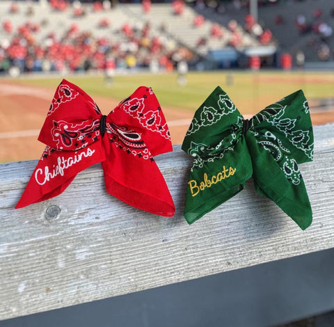 Bobcats or Chieftains Bandana Bows Barrette Embroidered School Spirit