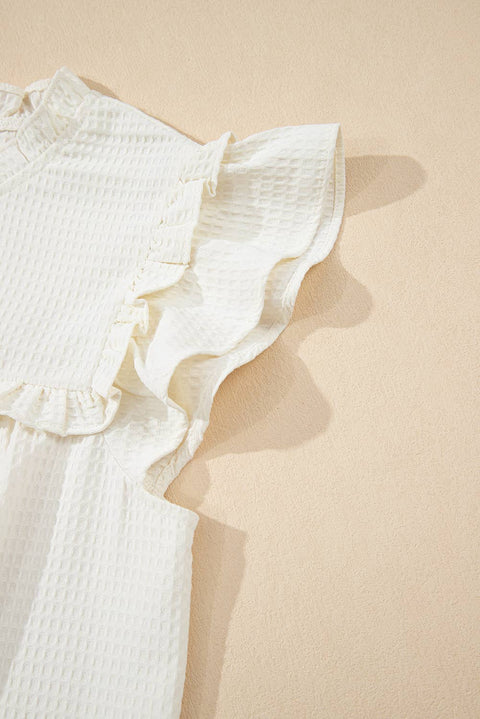 Solid Color Ruffle Trim Waffle Knit Blouse