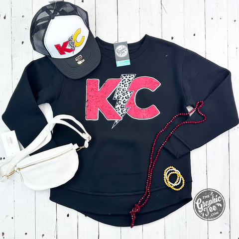 KC Lightning Bolt Black Curved Hem Women's Fleece Sweatshirt