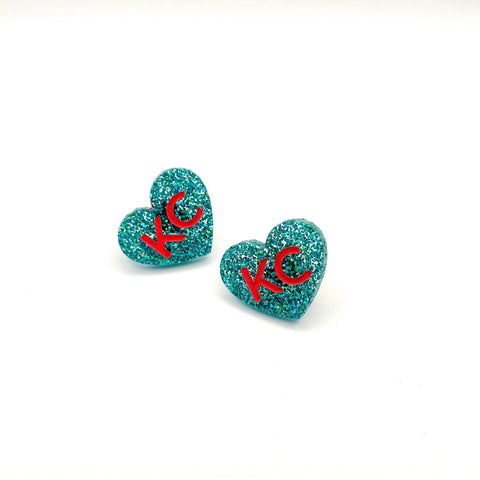 Kansas City KC Heart Stud Earrings - Aqua and Red