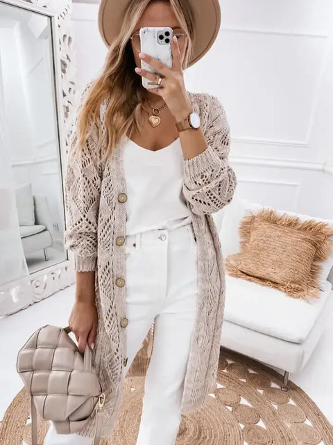 Khaki Openwork Long Knit Button Cardigan Sweater Layering