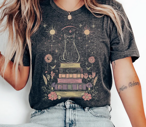 Mystical Cat Book Tee, Witchy Book Lover Graphic Shirt