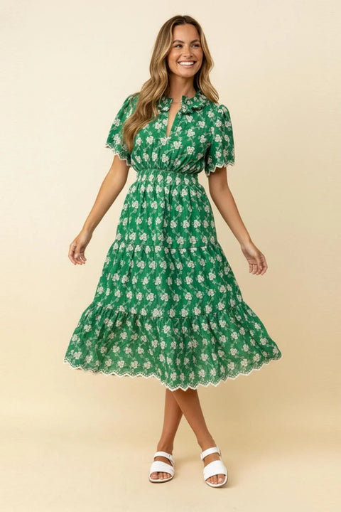 Ruffle Neck Embroidery Scallop Hem Dress