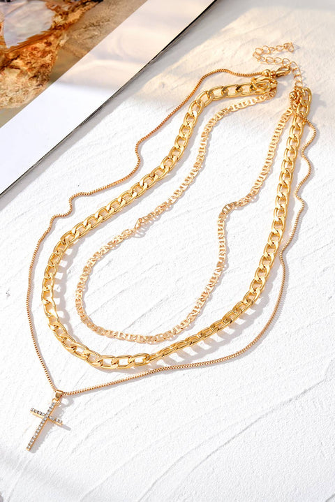 Plated Cross Pendant Multi Layer Stacked Chains Necklace
