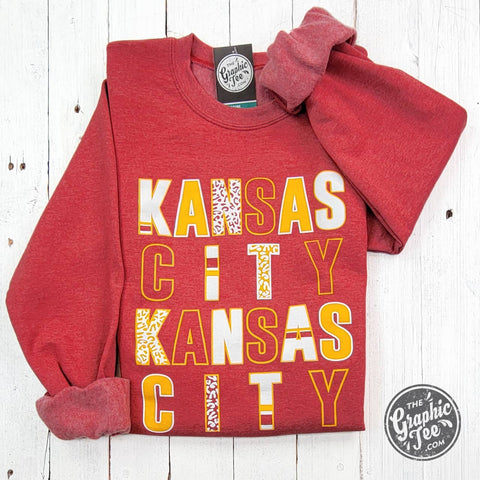 Kansas City Multi Pattern Letters Heather Sport Scarlet Crewneck Sweatshirt