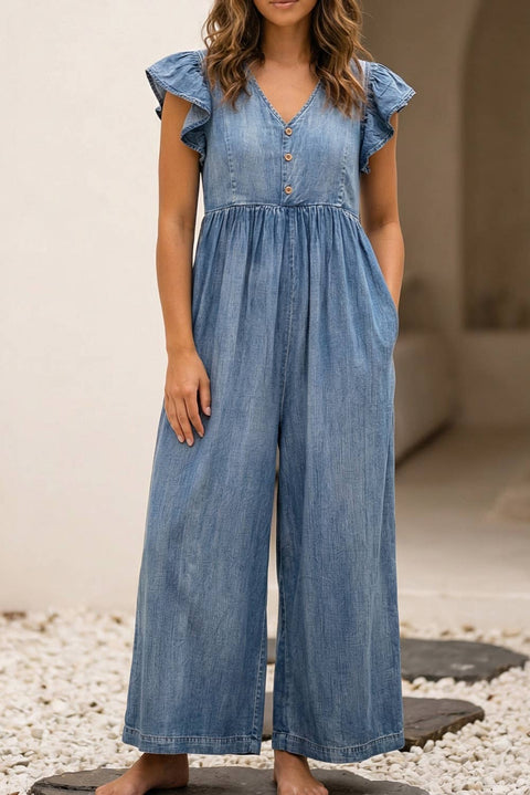 Solid Ruffled Short Sleeve Wide Leg Denim Jumpsuit