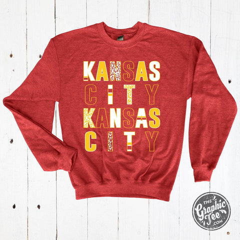 Kansas City Multi Pattern Letters Heather Sport Scarlet Crewneck Sweatshirt