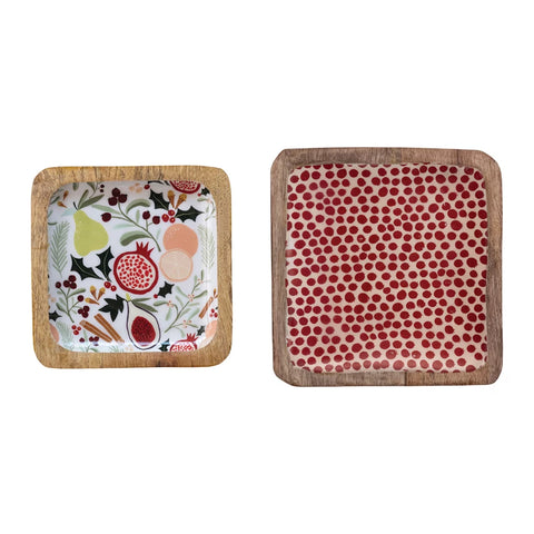 Enameled Mango Wood Trays w/ Fruit/Botanicals & Dots Pattern, Set of 2