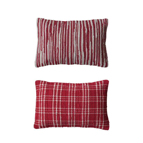 24"L x 16"H Hand-Woven Recycled Cotton Chindi Lumbar Pillow, Red & White, 2 Styles