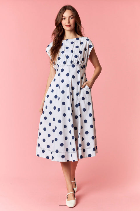 Polka Dot Stitch Detailed Dolman Sleeve Midi Dress