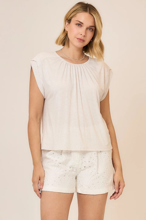 Ruched Neck Folded Cap Sleeve Top
