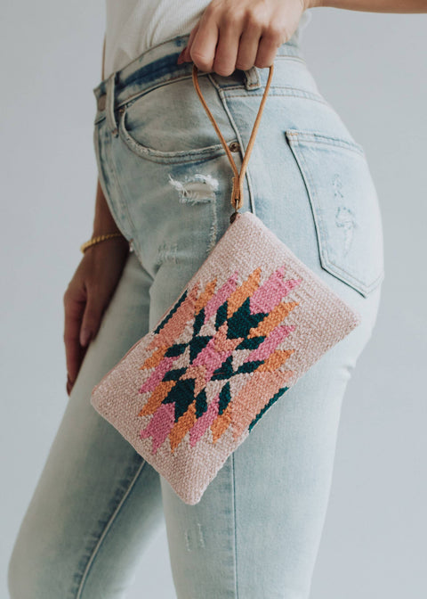 Pink, Teal & Orange Aztec Wristlet
