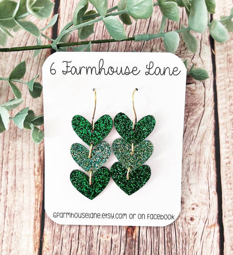 Bobcat Green Glitter Heart Dangle Acrylic Earrings
