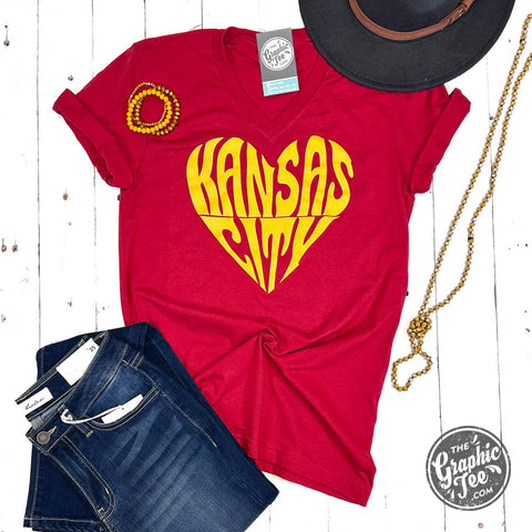 Kansas City Heart Red V Neck Unisex Short Sleeve Tee