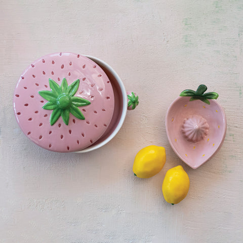 Hand-Painted Stoneware Strawberry Shaped Juicer, Pink, Green & Yellow