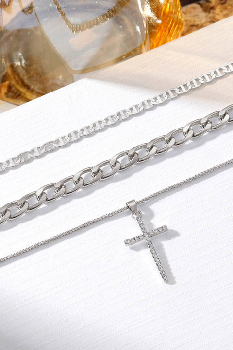 Plated Cross Pendant Multi Layer Stacked Chains Necklace