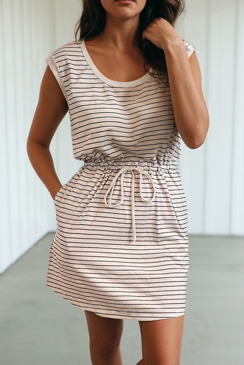 Stripe Drawstring Tunic Tank Pocket Mini Dress